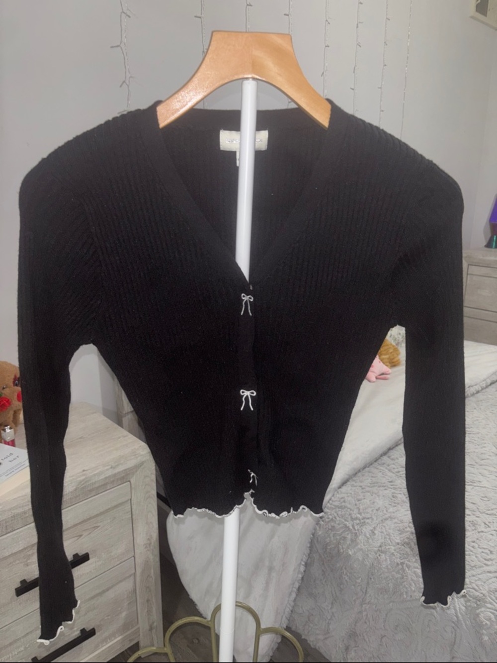 Black Kids Ribbed Cardigan with Bow Buttons